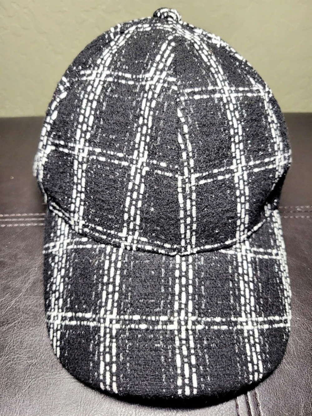 Steve Madden Adjustable Tweed Baseball Cap Plaid Black & White One Size